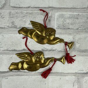 Dept. 56 Brass Cherub Christmas Ornaments Red Gift Tie Tassel Set of 2